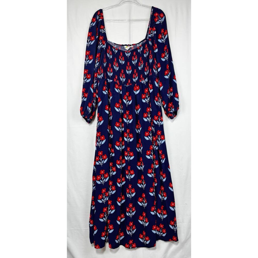 Boden Womens Blue Red Floral Square Neck Smocked Long Sleeve Pockets Maxi Sz 20 - Picture 3 of 5